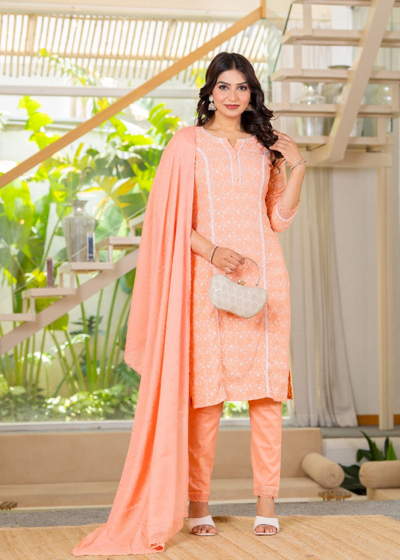 Cotton Schiffili Embroidered Kurta Pants and Dupatta
