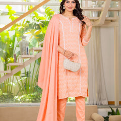 Cotton Schiffili Embroidered Kurta Pants and Dupatta