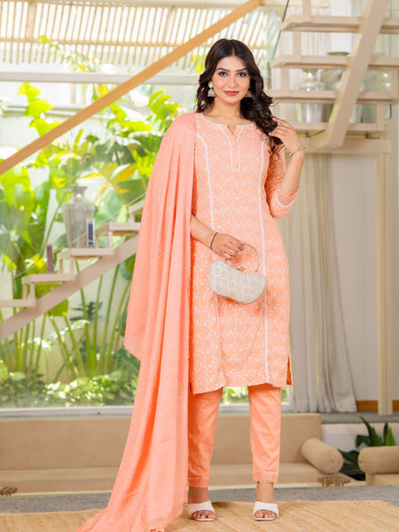 Cotton Schiffili Embroidered Kurta Pants and Dupatta