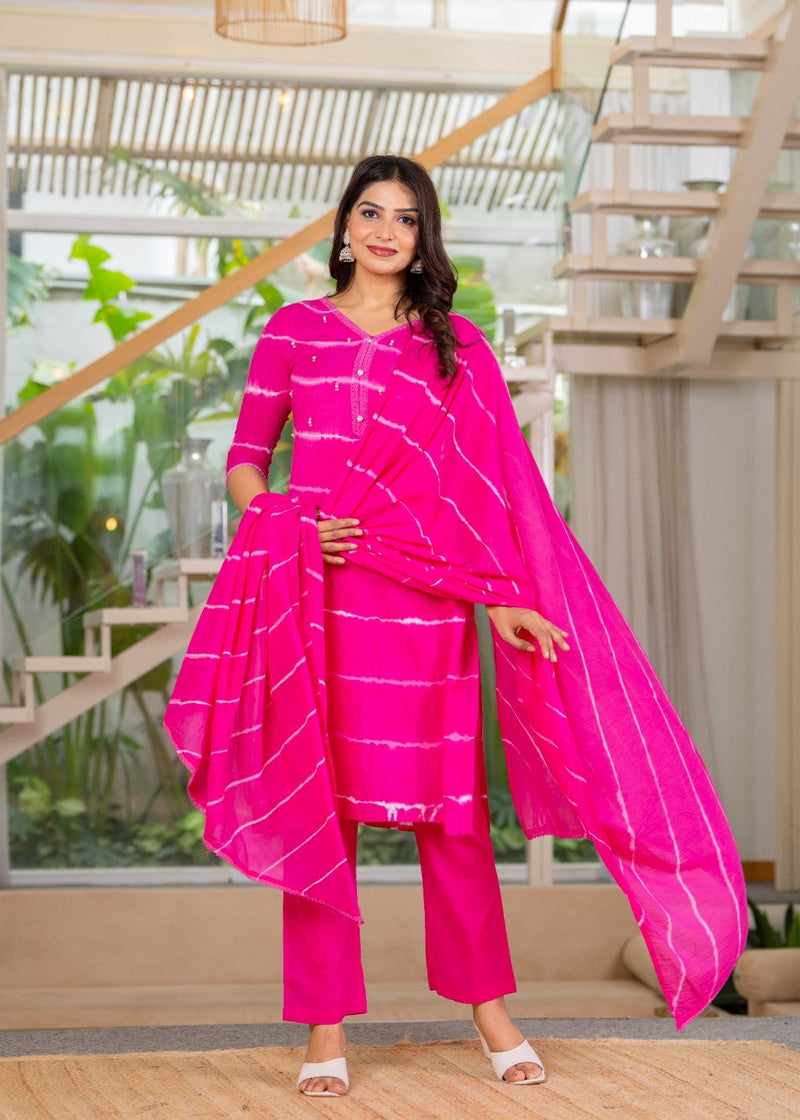 Pure Cotton Leheriya Effect Kurta Pant  and  Dupatta