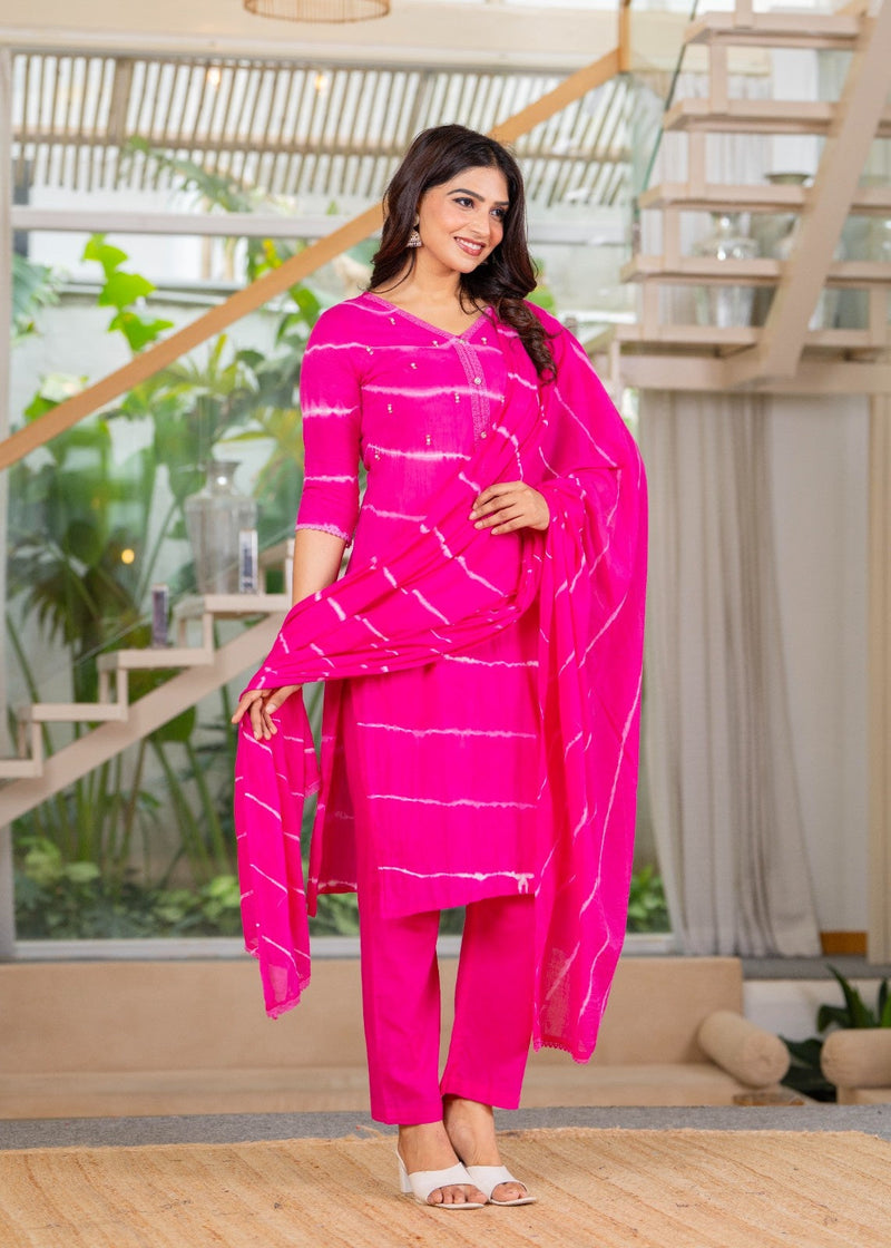Pure Cotton Leheriya Effect Kurta Pant  and  Dupatta