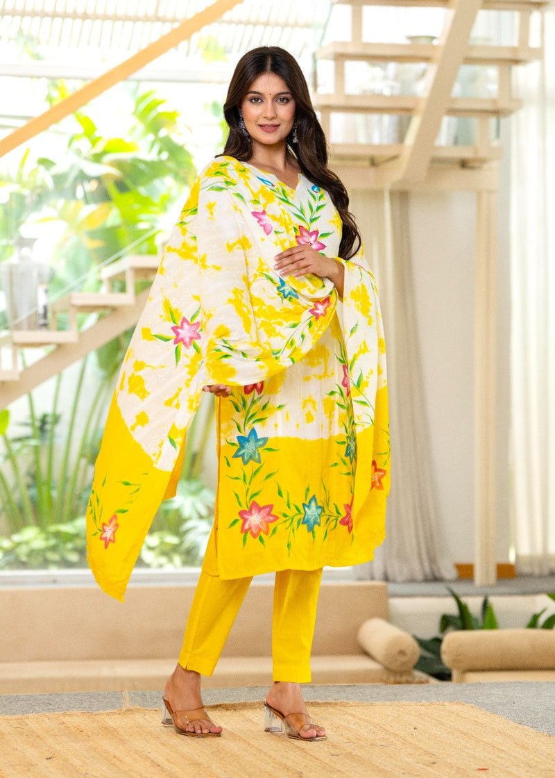 Cotton Dobby Hand Brush Painted Kurta Pants and Dupatta