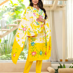 Cotton Dobby Hand Brush Painted Kurta Pants and Dupatta