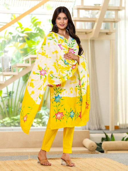 Cotton Dobby Hand Brush Painted Kurta Pants and Dupatta