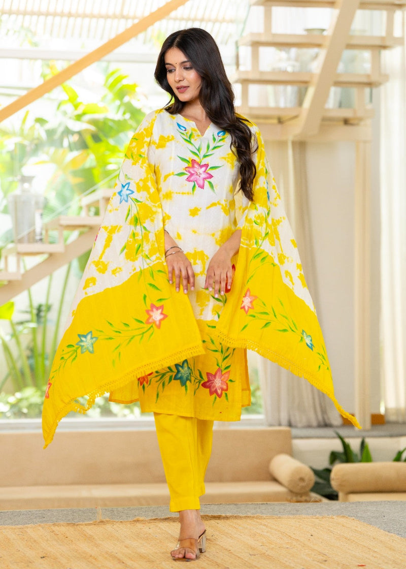 Cotton Dobby Hand Brush Painted Kurta Pants and Dupatta