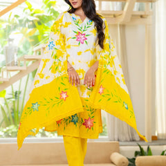 Cotton Dobby Hand Brush Painted Kurta Pants and Dupatta