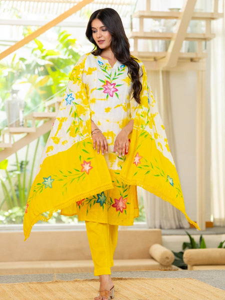 Cotton Dobby Hand Brush Painted Kurta Pants and Dupatta