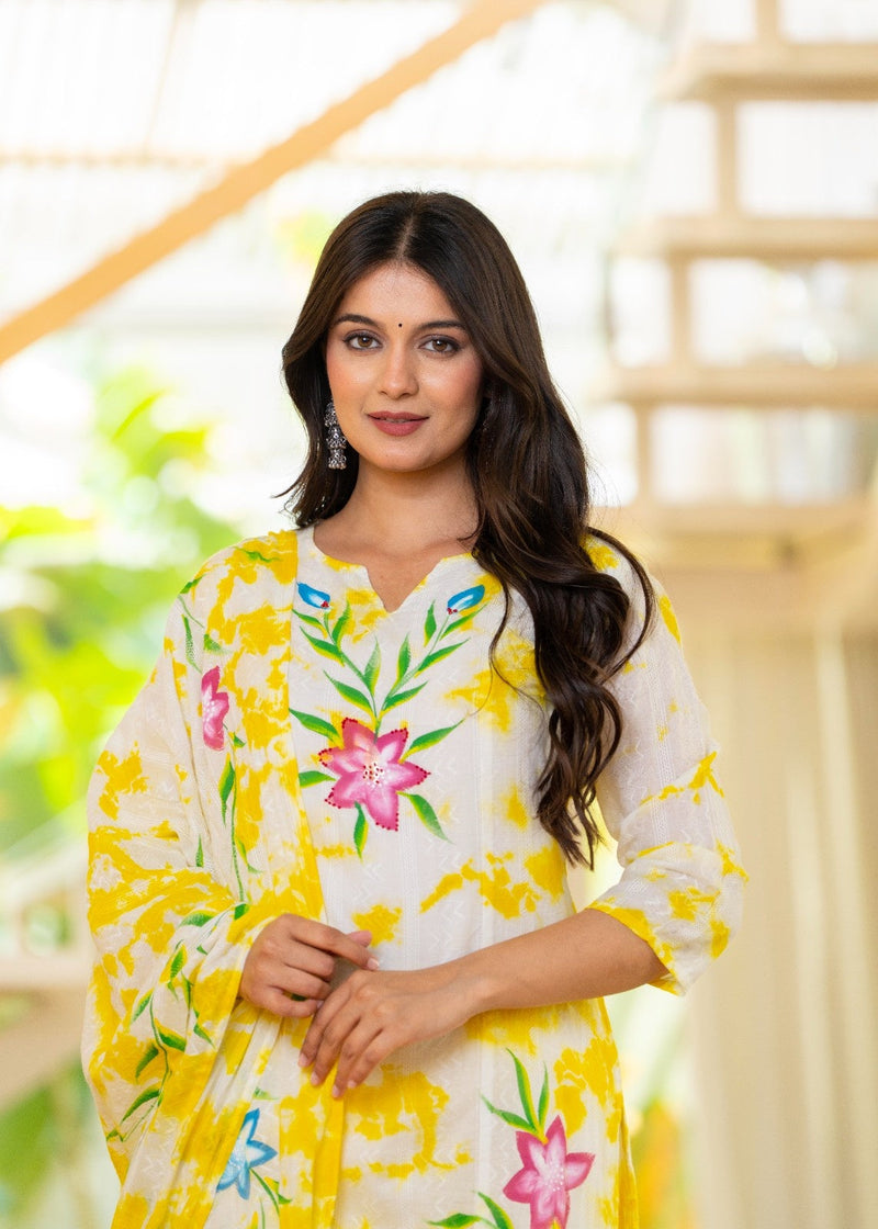 Cotton Dobby Hand Brush Painted Kurta Pants and Dupatta