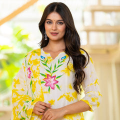 Cotton Dobby Hand Brush Painted Kurta Pants and Dupatta