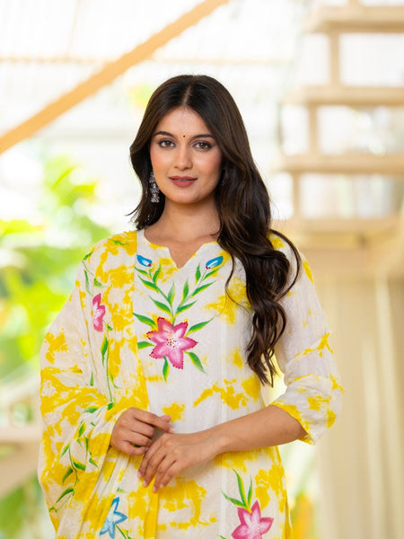 Cotton Dobby Hand Brush Painted Kurta Pants and Dupatta