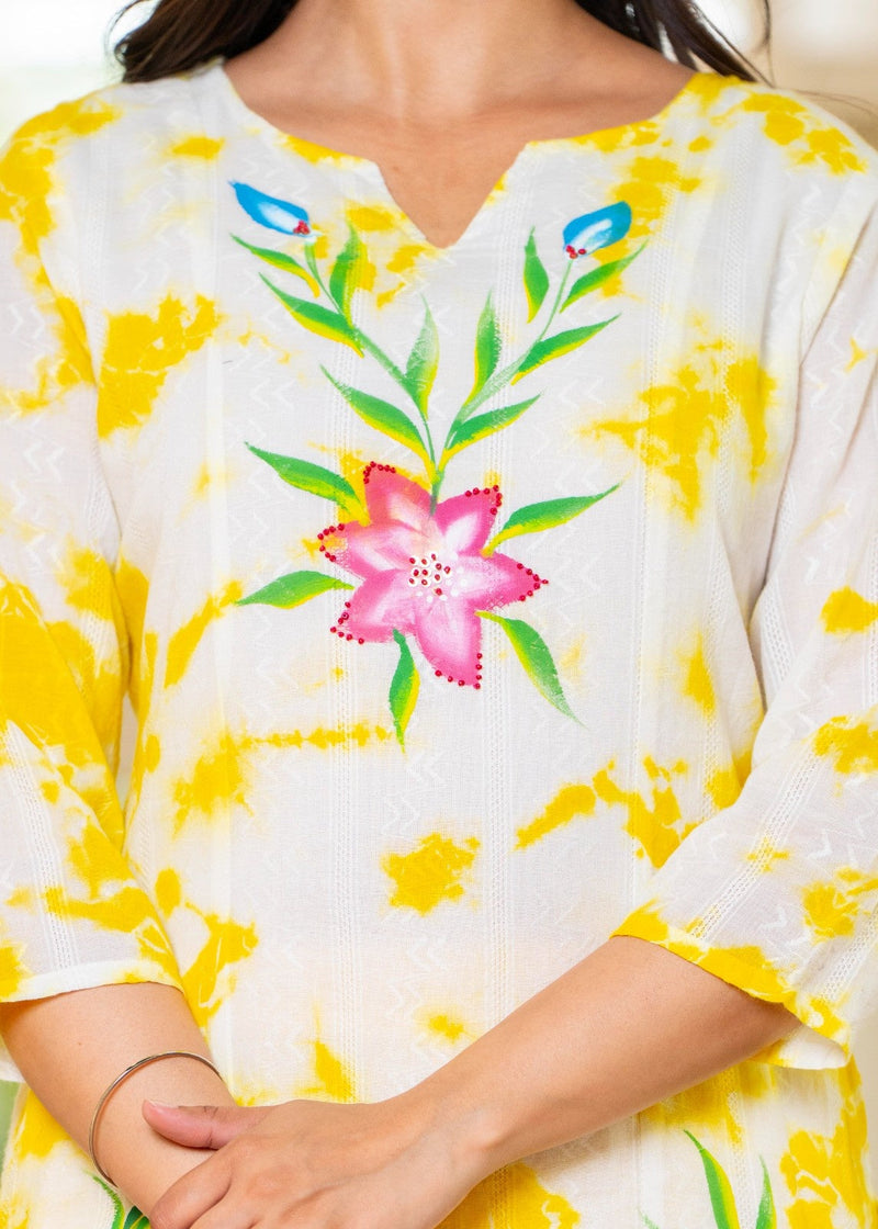 Cotton Dobby Hand Brush Painted Kurta Pants and Dupatta