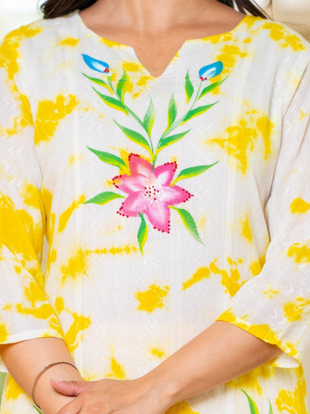 Cotton Dobby Hand Brush Painted Kurta Pants and Dupatta