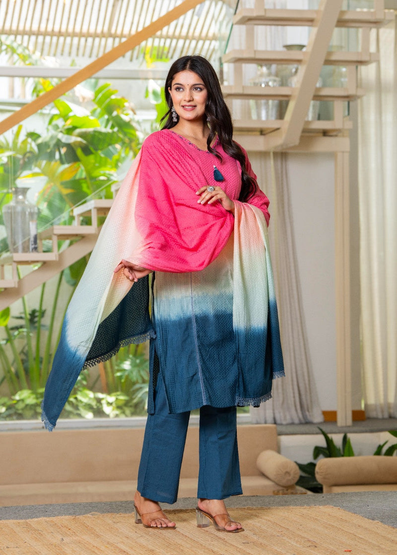 Cotton Dobby Ombre Effect Kurta Pants and Dupatta