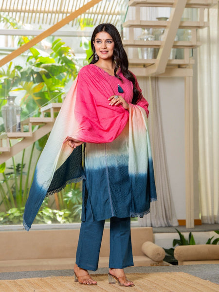 Cotton Dobby Ombre Effect Kurta Pants and Dupatta