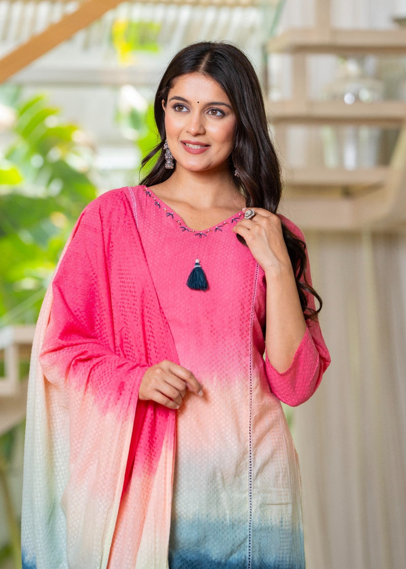 Cotton Dobby Ombre Effect Kurta Pants and Dupatta