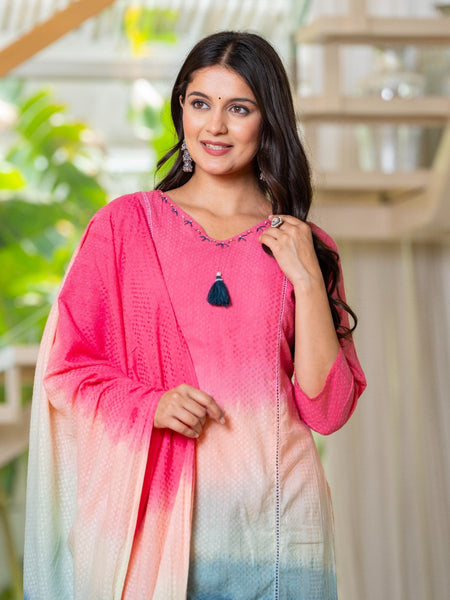 Cotton Dobby Ombre Effect Kurta Pants and Dupatta