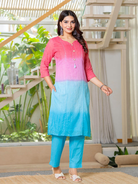 Cotton Dobby Ombre Effect Kurta Pants and Dupatta