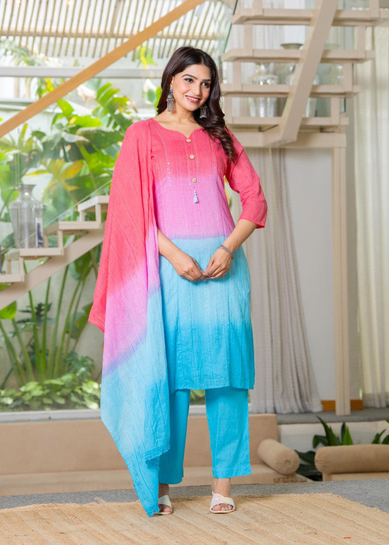 Cotton Dobby Ombre Effect Kurta Pants and Dupatta