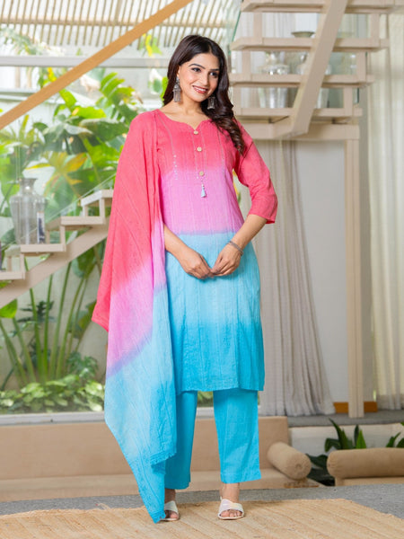 Cotton Dobby Ombre Effect Kurta Pants and Dupatta