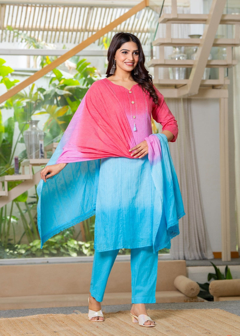 Cotton Dobby Ombre Effect Kurta Pants and Dupatta