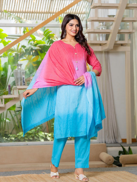 Cotton Dobby Ombre Effect Kurta Pants and Dupatta
