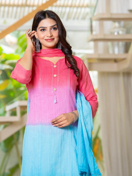 Cotton Dobby Ombre Effect Kurta Pants and Dupatta