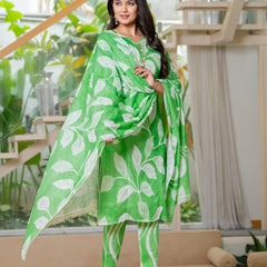 Cotton Dobby Hand Printed Kurta Pants and Dupatta