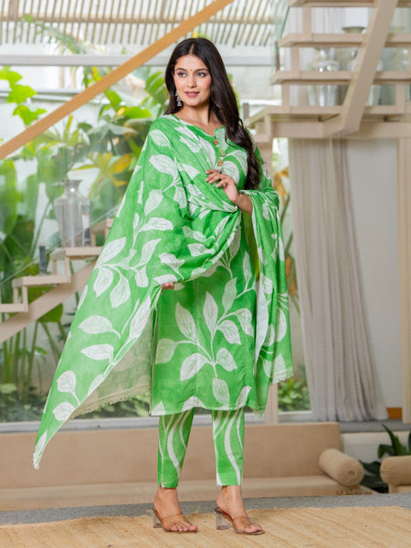 Cotton Dobby Hand Printed Kurta Pants and Dupatta