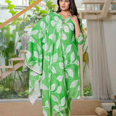 Cotton Dobby Hand Printed Kurta Pants and Dupatta