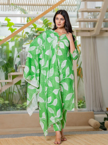 Cotton Dobby Hand Printed Kurta Pants and Dupatta