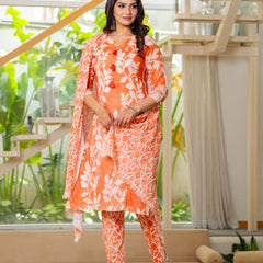 Cotton Dobby Hand Printed Kurta Pants and Dupatta