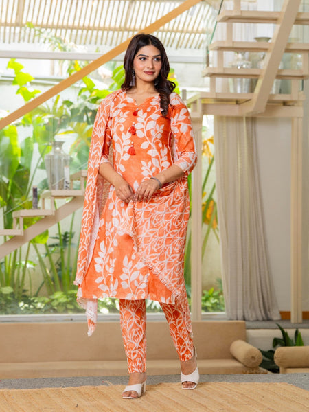 Cotton Dobby Hand Printed Kurta Pants and Dupatta