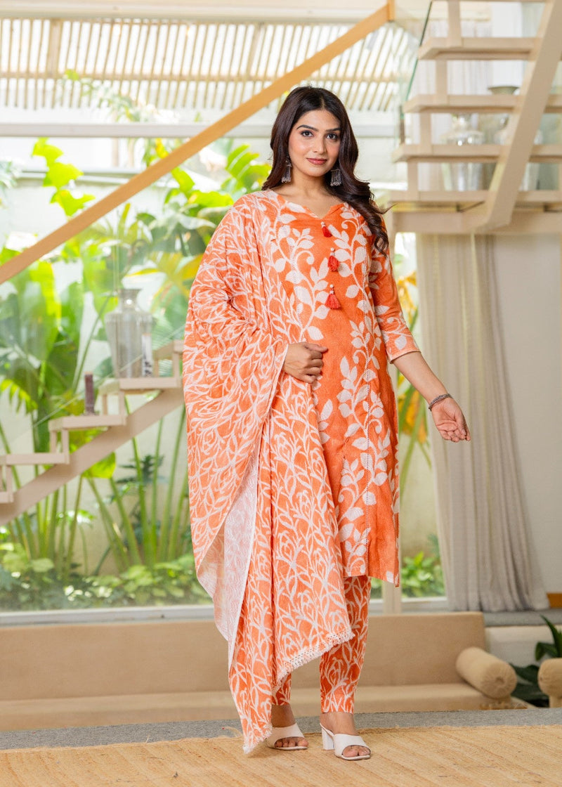 Cotton Dobby Hand Printed Kurta Pants and Dupatta