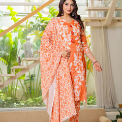 Cotton Dobby Hand Printed Kurta Pants and Dupatta