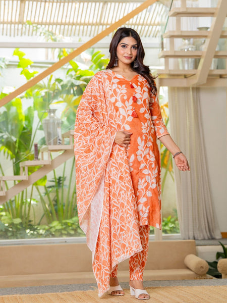 Cotton Dobby Hand Printed Kurta Pants and Dupatta