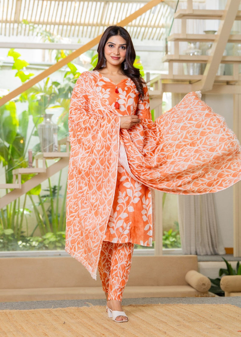 Cotton Dobby Hand Printed Kurta Pants and Dupatta