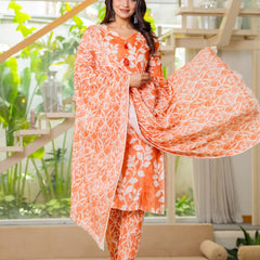 Cotton Dobby Hand Printed Kurta Pants and Dupatta