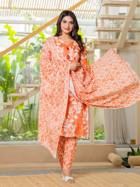 Cotton Dobby Hand Printed Kurta Pants and Dupatta