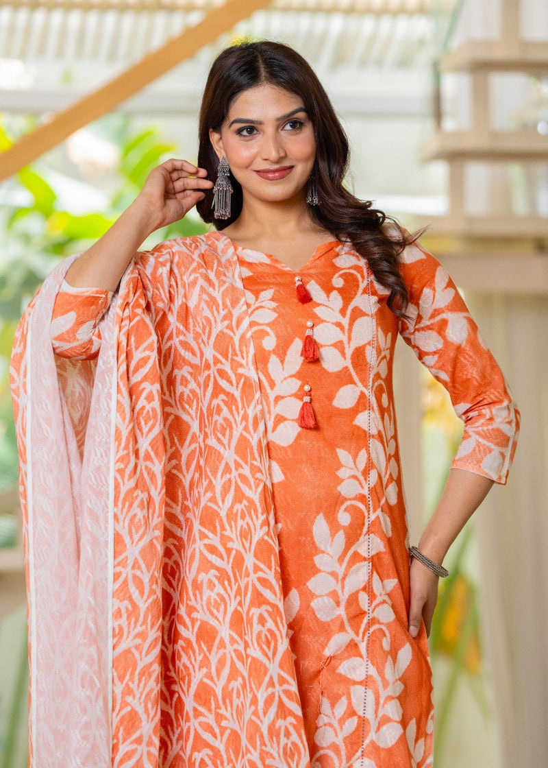 Cotton Dobby Hand Printed Kurta Pants and Dupatta