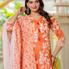 Cotton Dobby Hand Printed Kurta Pants and Dupatta