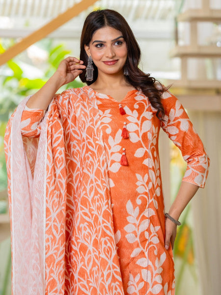 Cotton Dobby Hand Printed Kurta Pants and Dupatta