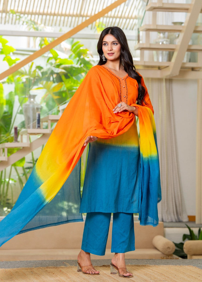 Pure Cotton Ombre Effect Kurta Pant  and  Dupatta