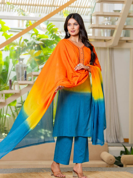 Pure Cotton Ombre Effect Kurta Pant  and  Dupatta