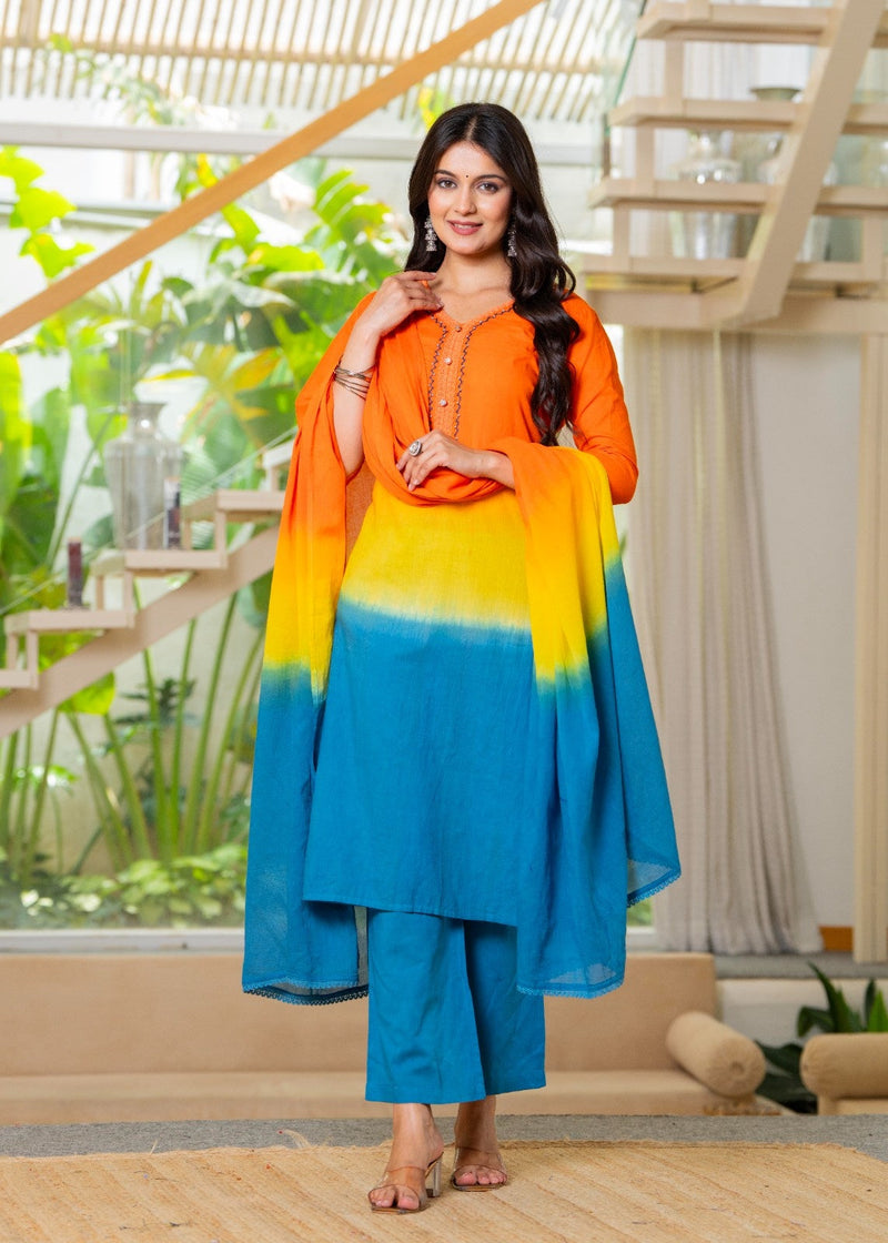 Pure Cotton Ombre Effect Kurta Pant  and  Dupatta