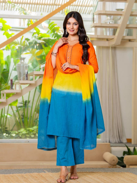 Pure Cotton Ombre Effect Kurta Pant  and  Dupatta