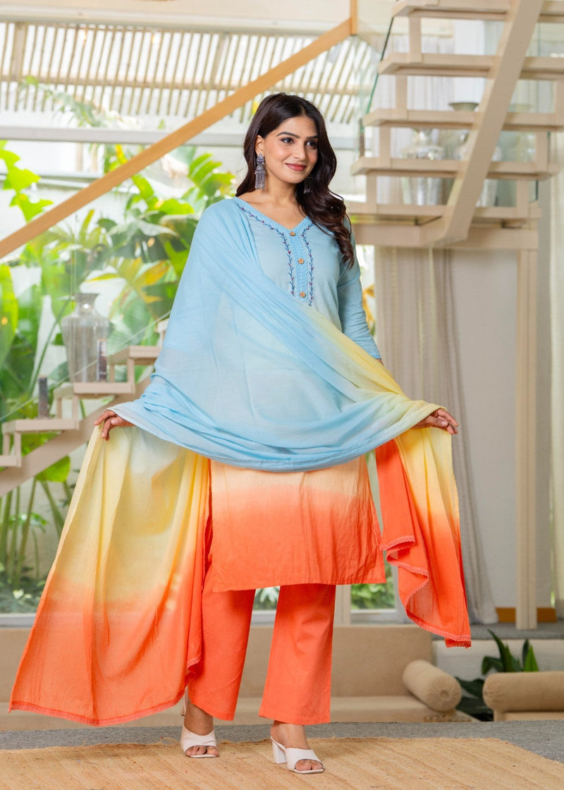 Pure Cotton Ombre Effect Kurta Pant  and  Dupatta