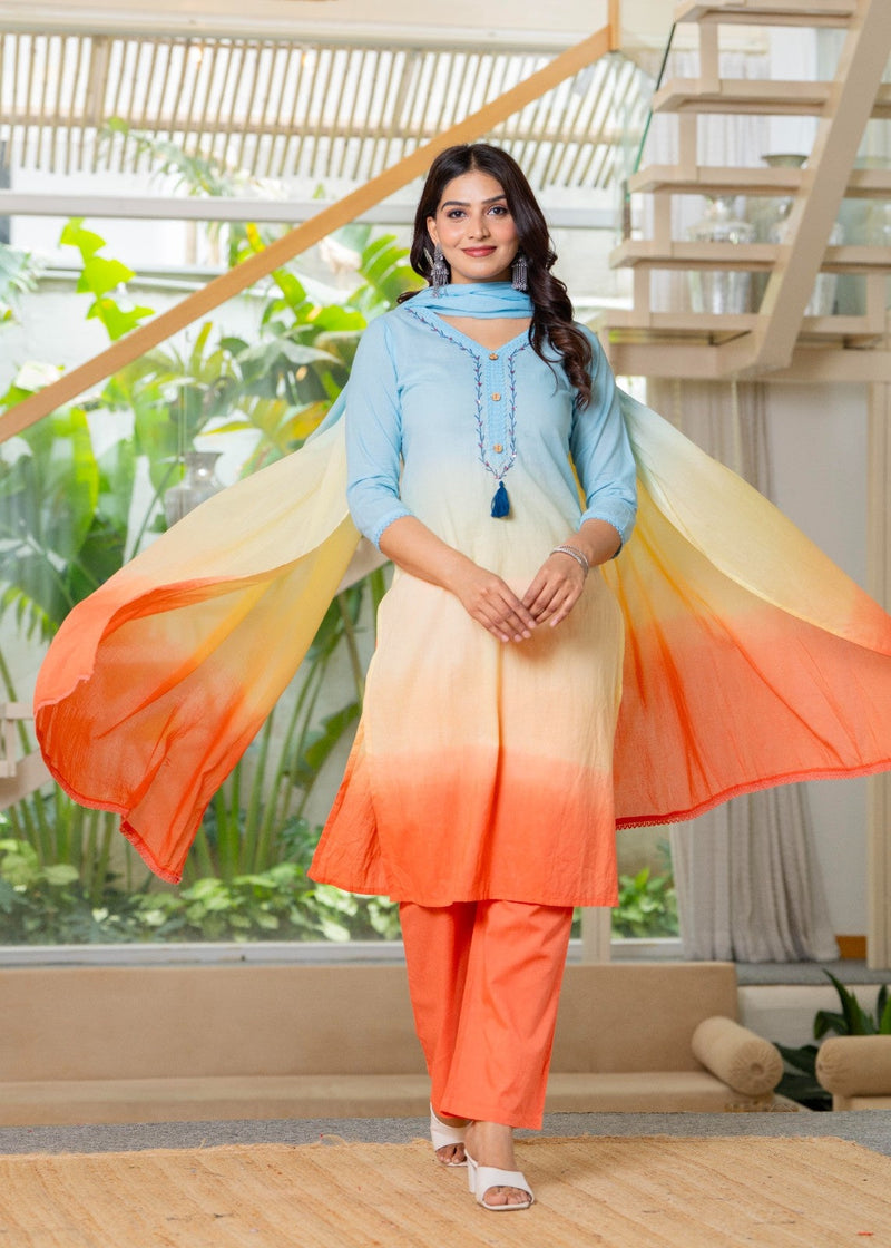 Pure Cotton Ombre Effect Kurta Pant  and  Dupatta