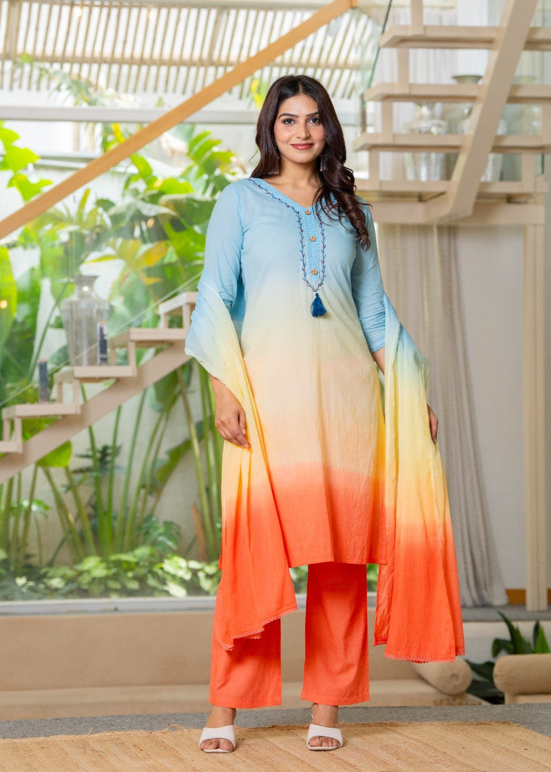Pure Cotton Ombre Effect Kurta Pant  and  Dupatta