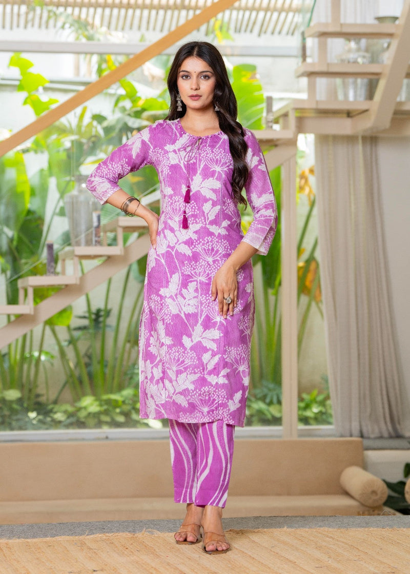 Cotton Dobby Hand Printed Kurta Pants and Dupatta