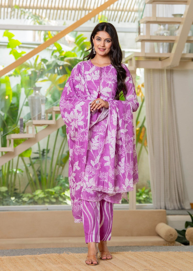 Cotton Dobby Hand Printed Kurta Pants and Dupatta